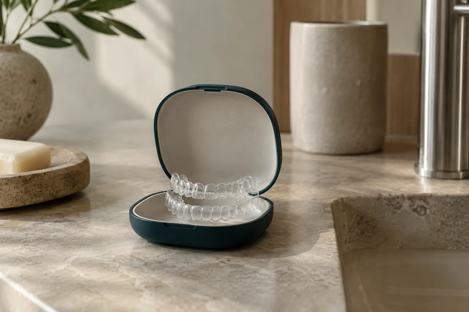 Set of transparent clear aligner trays resting in an open case