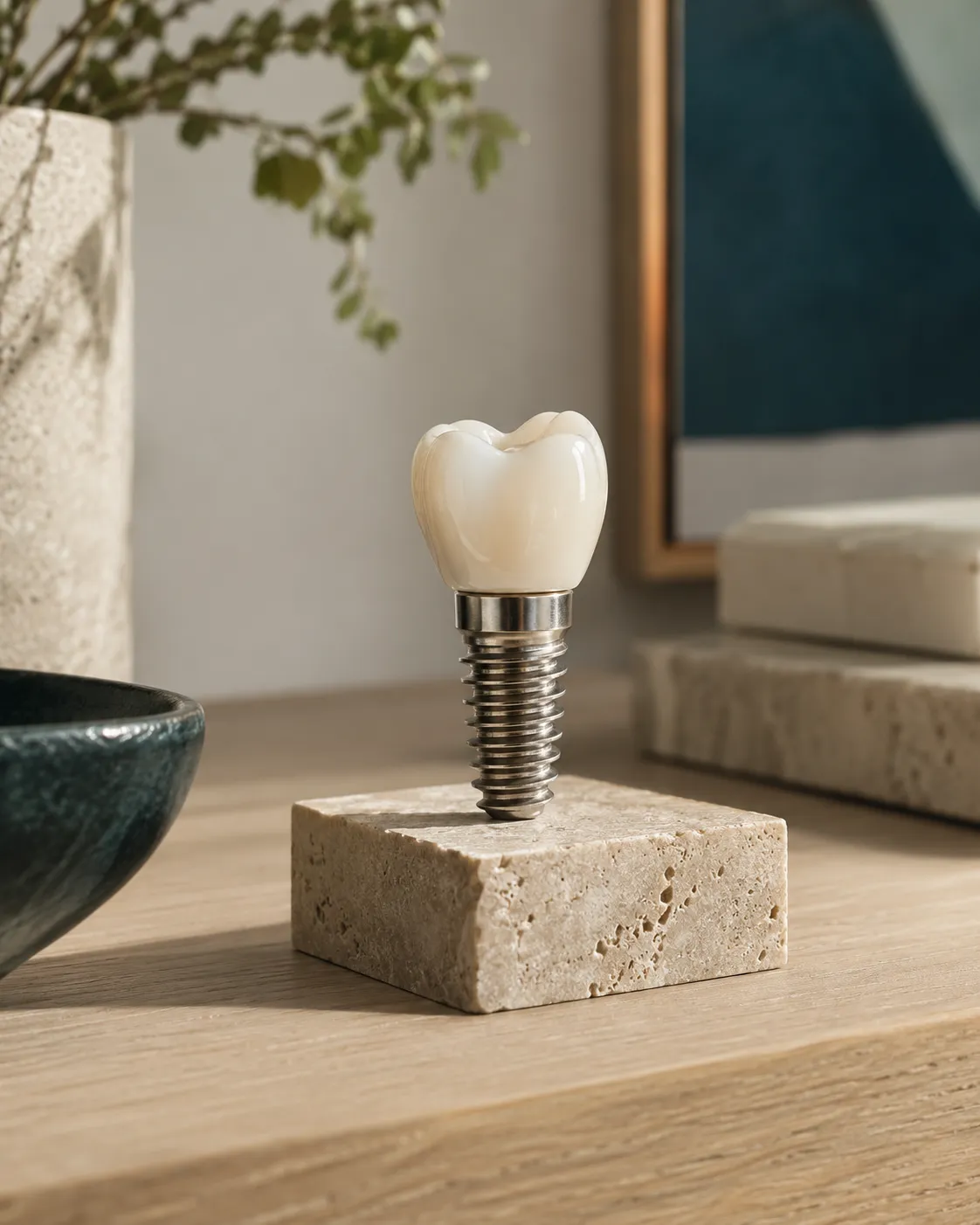 Dental implant model showing a titanium post beneath a ceramic crown on a stone plinth