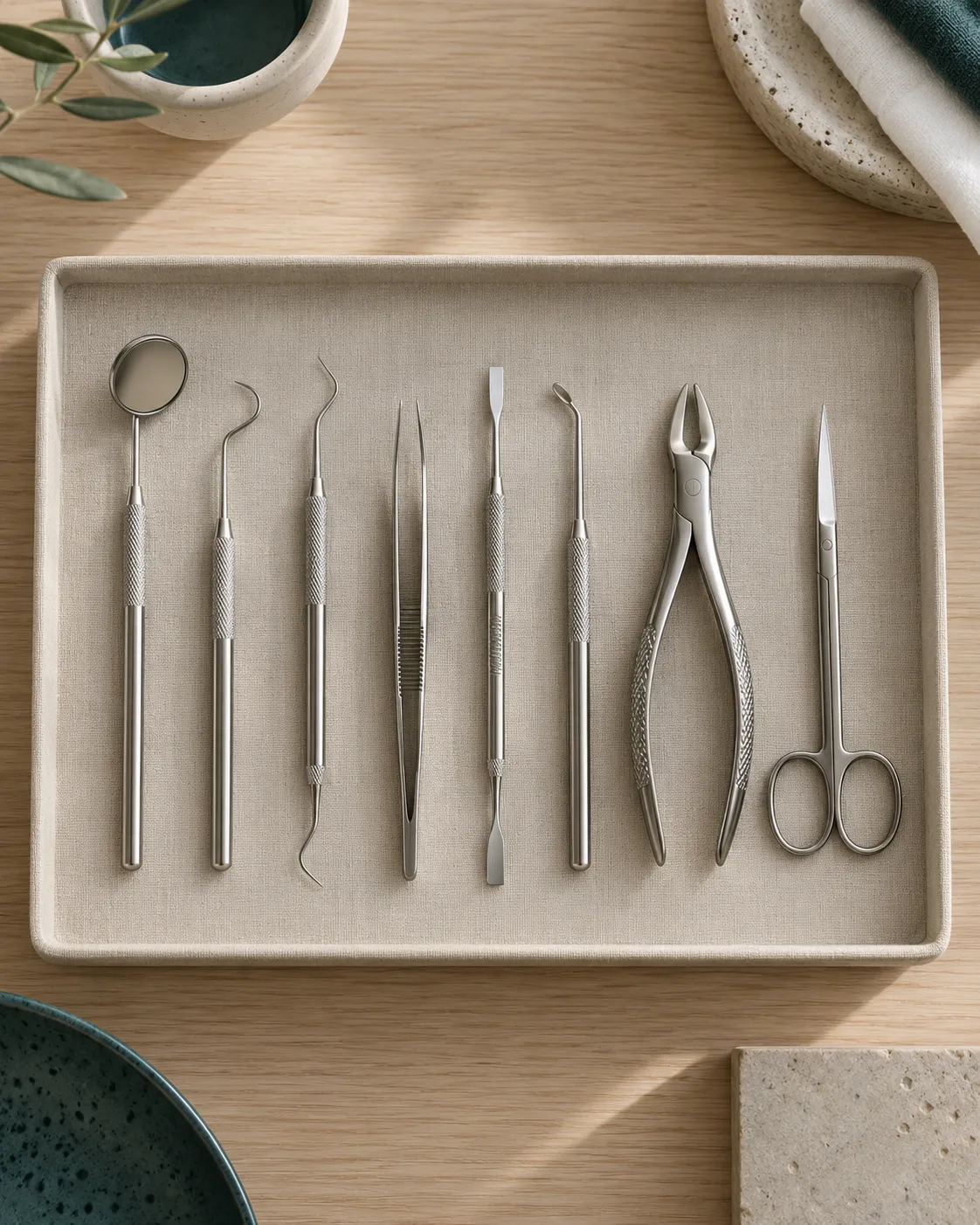 Sterile stainless steel dental instruments laid in a neat row on a linen-coloured tray