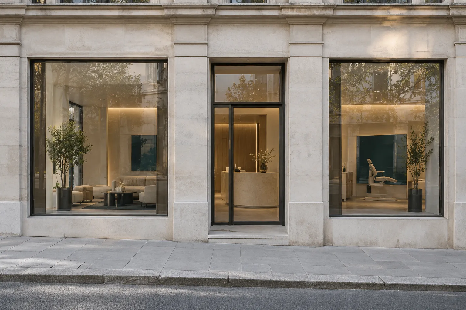 Street frontage of the dental studio with large glass windows