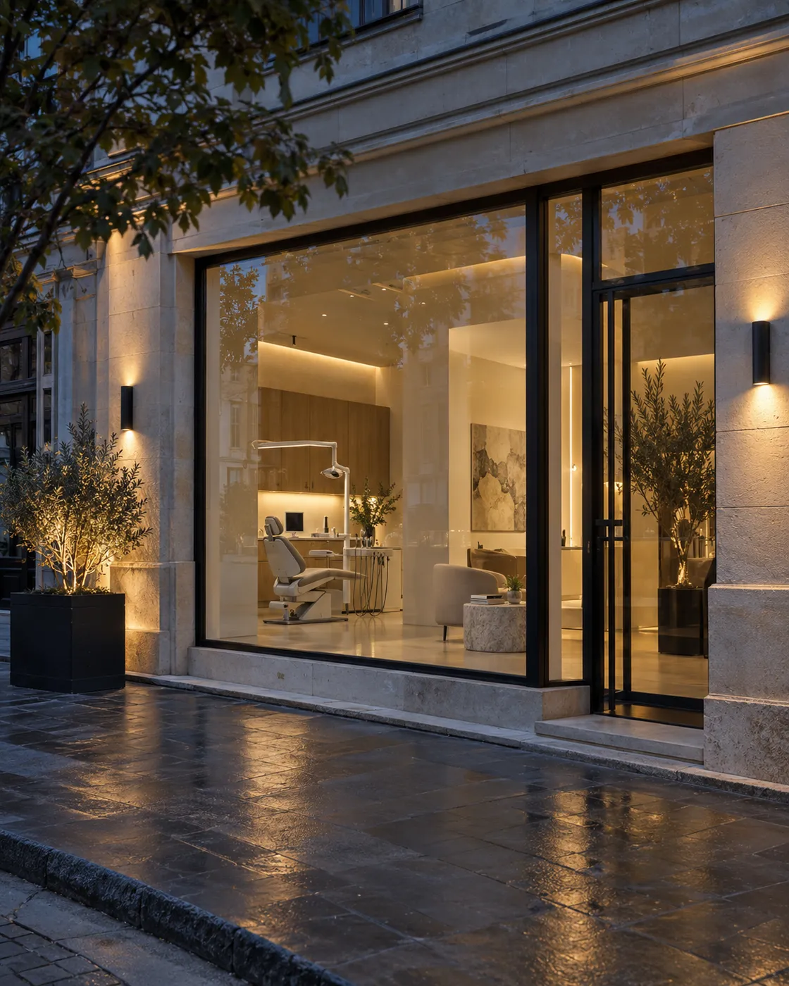 A dental practice frontage glowing warm at dusk