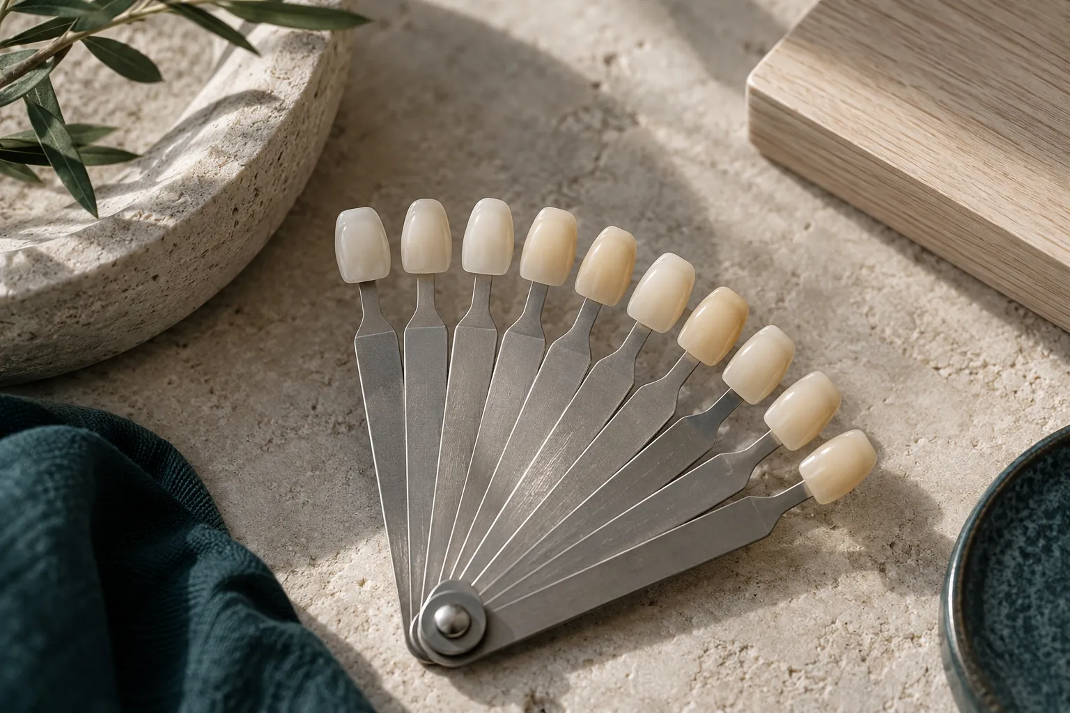 Porcelain shade guide tabs arranged from lightest to darkest tooth colour