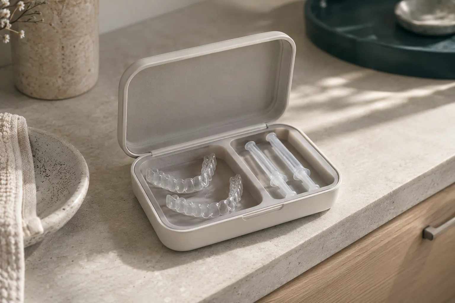 Custom-fitted clear whitening trays beside a syringe of whitening gel